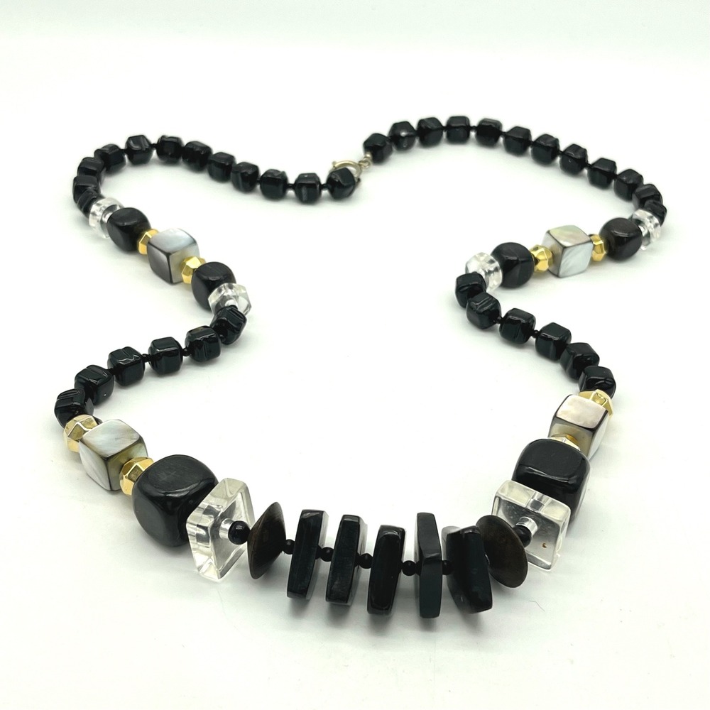 Chic Black Statement Necklace Faceted Beads Mother Of Pearl Gold Accents‎